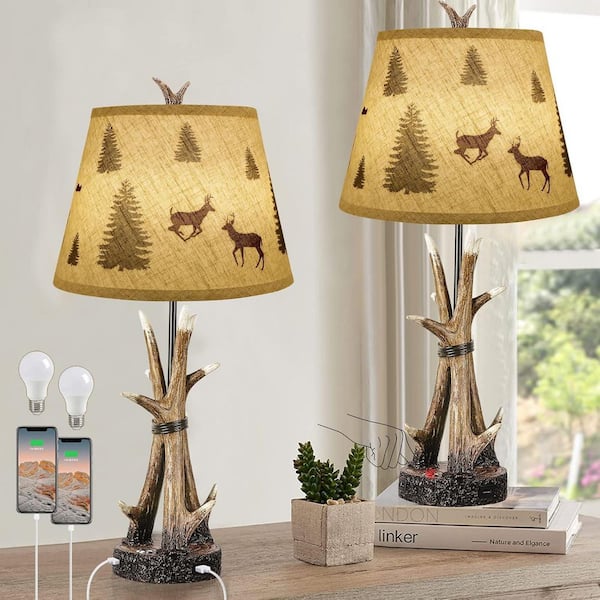Jushua 23 in. H Brown Rustic Deer Antler Bedside Lamp with Linen Shades 3-Way Dimmable Touch Task and Reading (2-Pack)