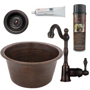 Bronze 16 Gauge Copper 17 in. Dual Mount Round Bar Sink with Faucet and Strainer Drain