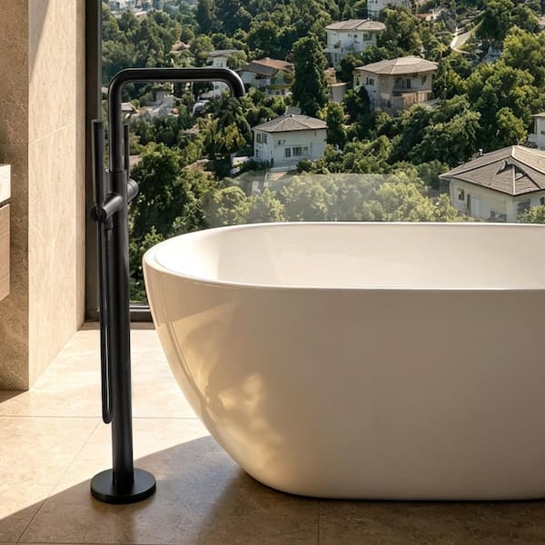 Single-Handle Freestanding Tub Faucet with Hand Shower Integrated Rock-Solid Anchored Design in Matte Black