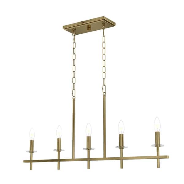 LumLight Sapello 36 in. Plug and Play 5-Light Lacquered Brass Linear Chandelier with SkyPlug