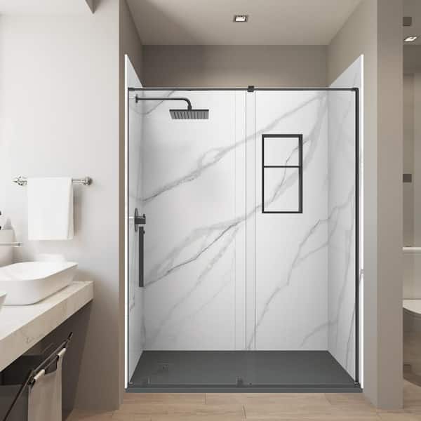 Calcutta Wh 32in. x 60in. x 84in. Combo Solid Composite Stone Alcove Shower Kit Matching Black Matte Door, Niche & Drain