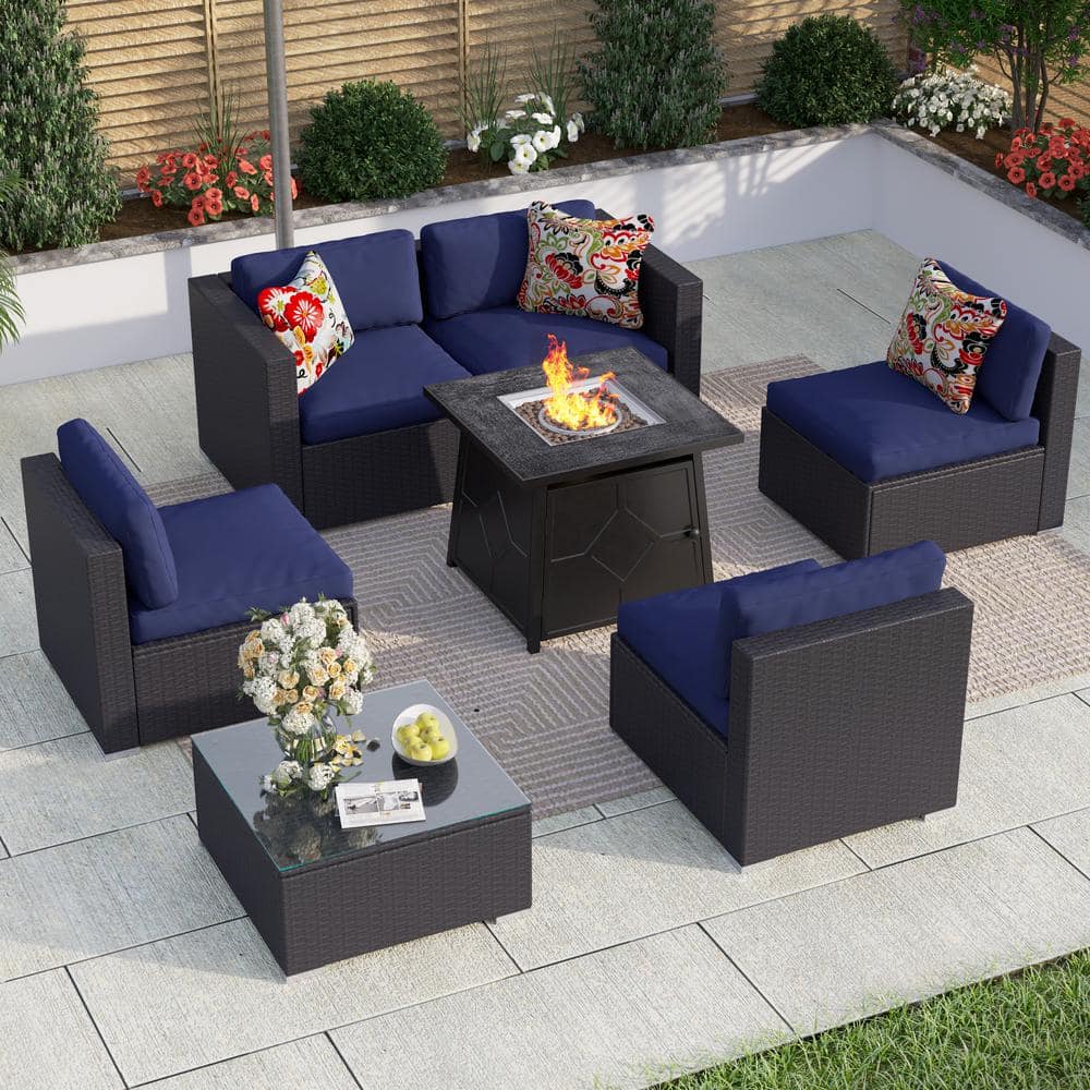 PHI VILLA Dark Brown Rattan Wicker 5 Seat 7-Piece Steel Outdoor Fire ...