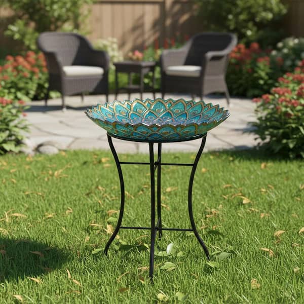 18 in. Glass Outdoor Fusion Mosaic Flower Birdbath with Stand
