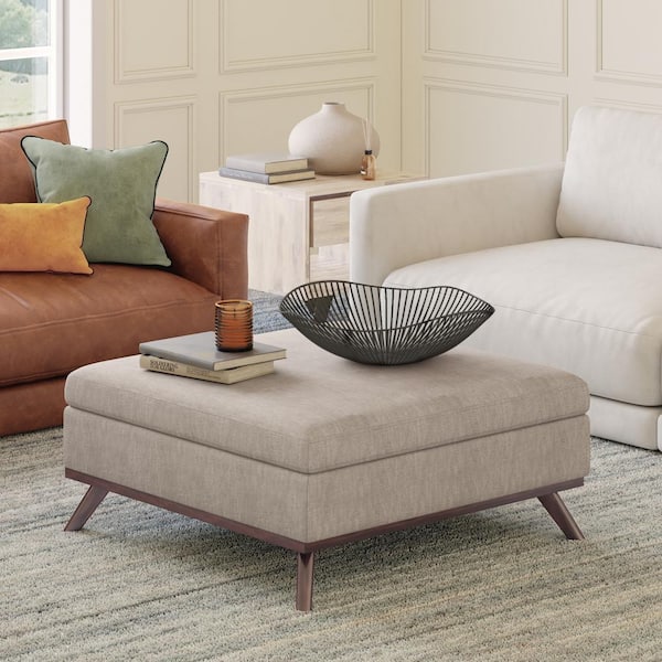 Owen Square Coffee Table Storage Ottoman in Natural Polyester Fabric
