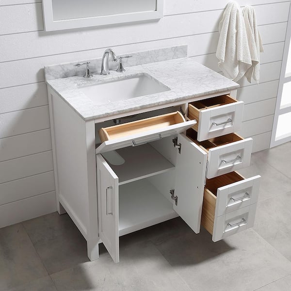 Riverdale 36 in. W x 21 in. D Vanity in White with a Carrara Marble Vanity Top in White with white Sink