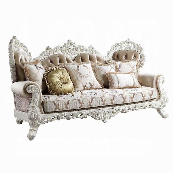 Kin Ornate 48 in. Straight Arm Fabric Rectangle with 7 Accent Pillows Sofa in. White, Tan and Silver
