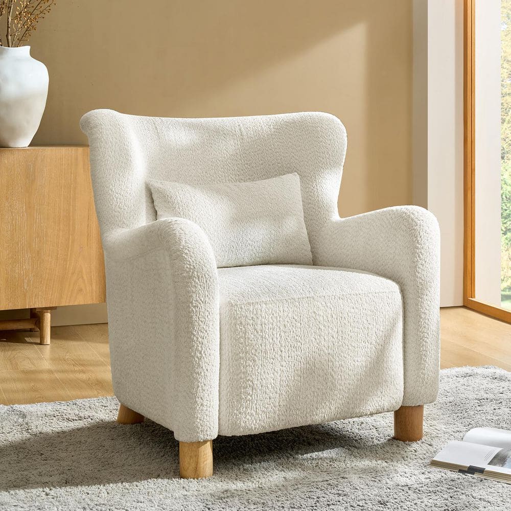 Leobarda White Boucle Fabric Accent Chair (Set of 2) with Wingback and Solid Wood Legs