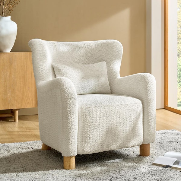Leobarda White Boucle Fabric Accent Chair (Set of 2) with Wingback and Solid Wood Legs