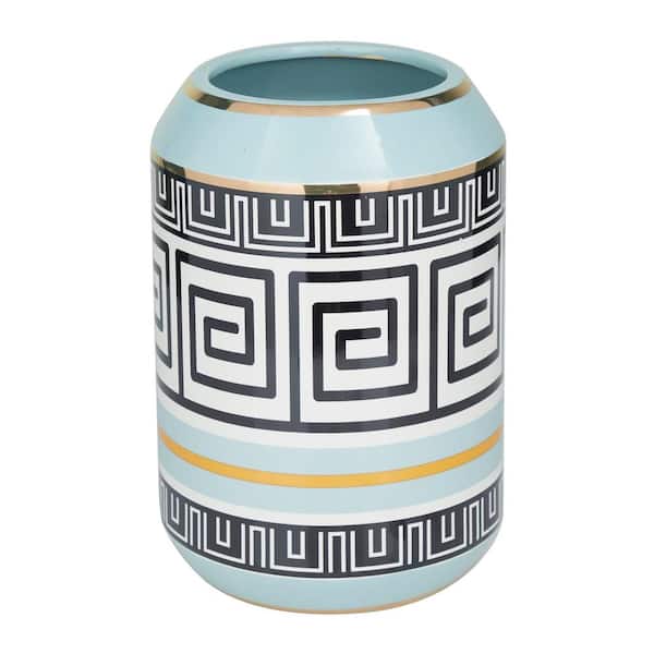 Litton Lane 11 in. Teal Ceramic Decorative Vase with Greek Knot Pattern