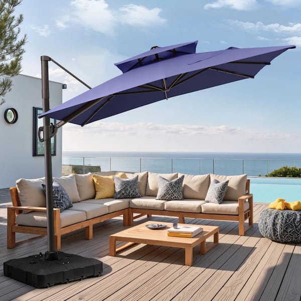 Pellebant 10.5 ft. x 9 ft. Outdoor Aluminum Cantilever 360° Rotation Double-Top Patio Umbrella in Blue with Base for Deck Yard