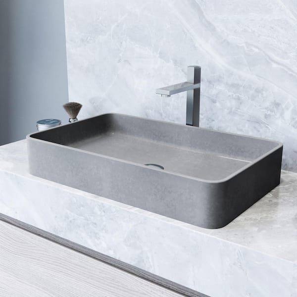 VIGO Concreto Stone Rectangular Bathroom Sink With Vessel Faucet in Brushed Nickel