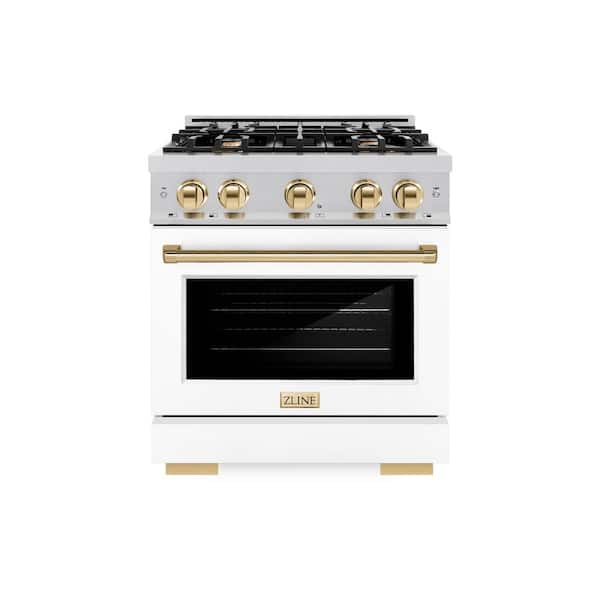Select 30 in. 4-Burner Dual Fuel Range with Convection Oven in Stainless Steel, Matte White, and Polished Gold