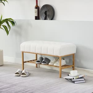 Drew White Modern Tufted Teddy Fabric Upholstered Shoe Storage Bench with Metal Legs