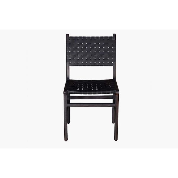 Benjara Black Leather Crossed Design Dining Chair (Set of 2)