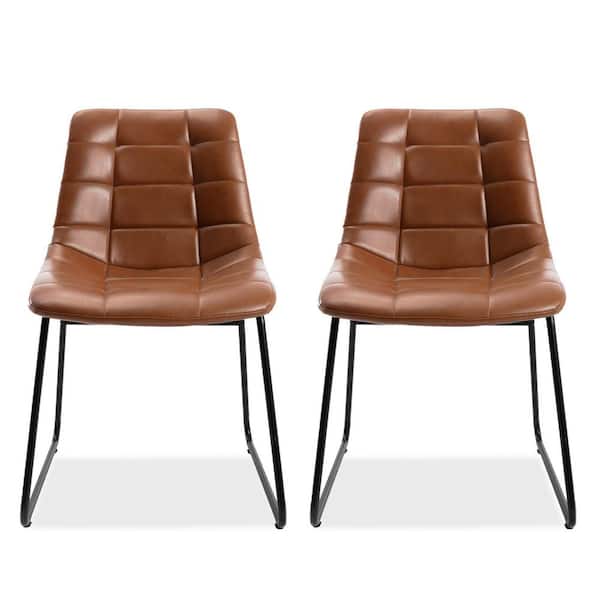 LUE BONA 31.89 in. Red Brown Mid Century Modern Low Back Metal Frame Faux Leather Dining Chai (Set of 2)