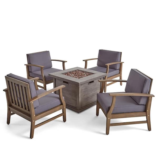 Noble House Havana Grey 5-Piece Wood Outdoor Patio Fire Pit Seating Set with Grey Cushions