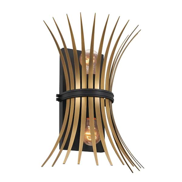 KICHLER Baile 2-Light Natural Brass and Black Hallway Wall Sconce Light