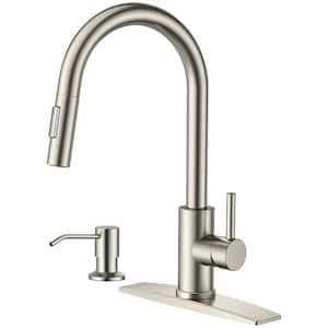 Single Handle Pull Down Sprayer Kitchen Faucet with Soap Dispenser and Flexible Hose in Brushed Nickel