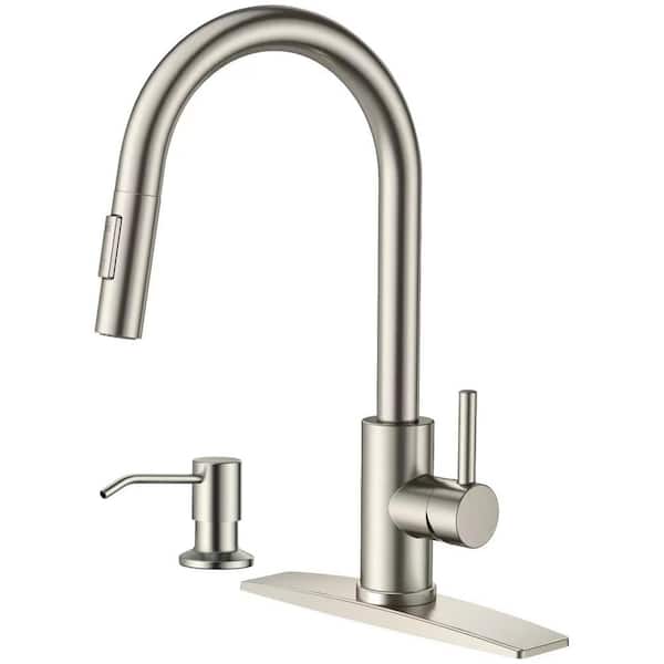 androme Single Handle Pull Down Sprayer Kitchen Faucet with Soap Dispenser and Flexible Hose in Brushed Nickel