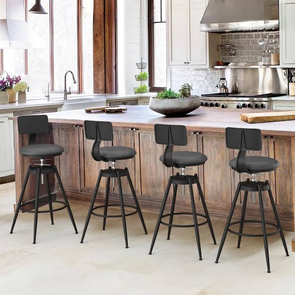 LUE BONA 26 in. to 38 in. Leonardo Adjustable Height Dark Gray Faux Leather Cushion Metal Leg 360° Swivel Bar Stool (Set of 4)