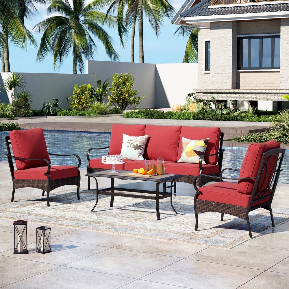 Brown Rattan 4-Piece 5 Seat Steel Outdoor Patio Conversation Set with Red Cushions and Wood-Grain Table price history on PriceWatchPro