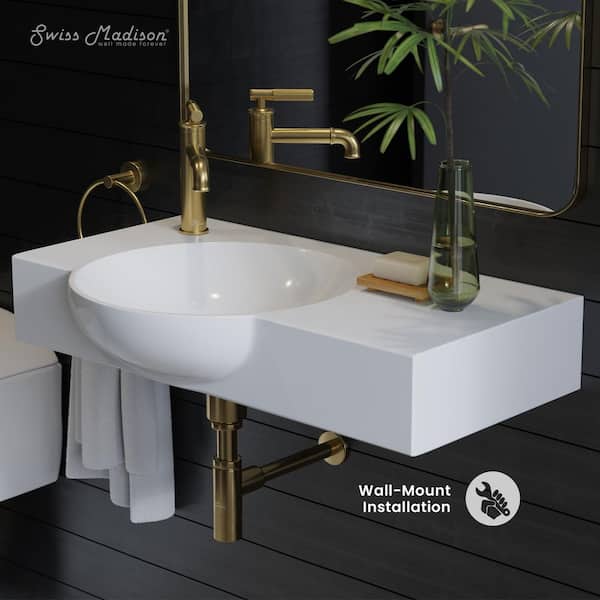 Chateau 29.31 in. Left Side Faucet Wall-Mount Ceramic Rectangular Bathroom Vessel Sink in Glossy White