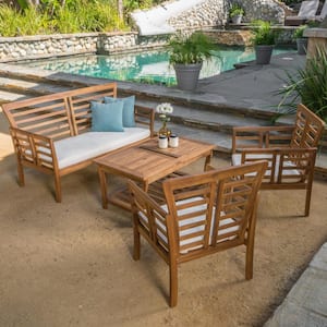 Caydon Brown 4-Piece Wood Patio Conversation Set with Beige Cushions