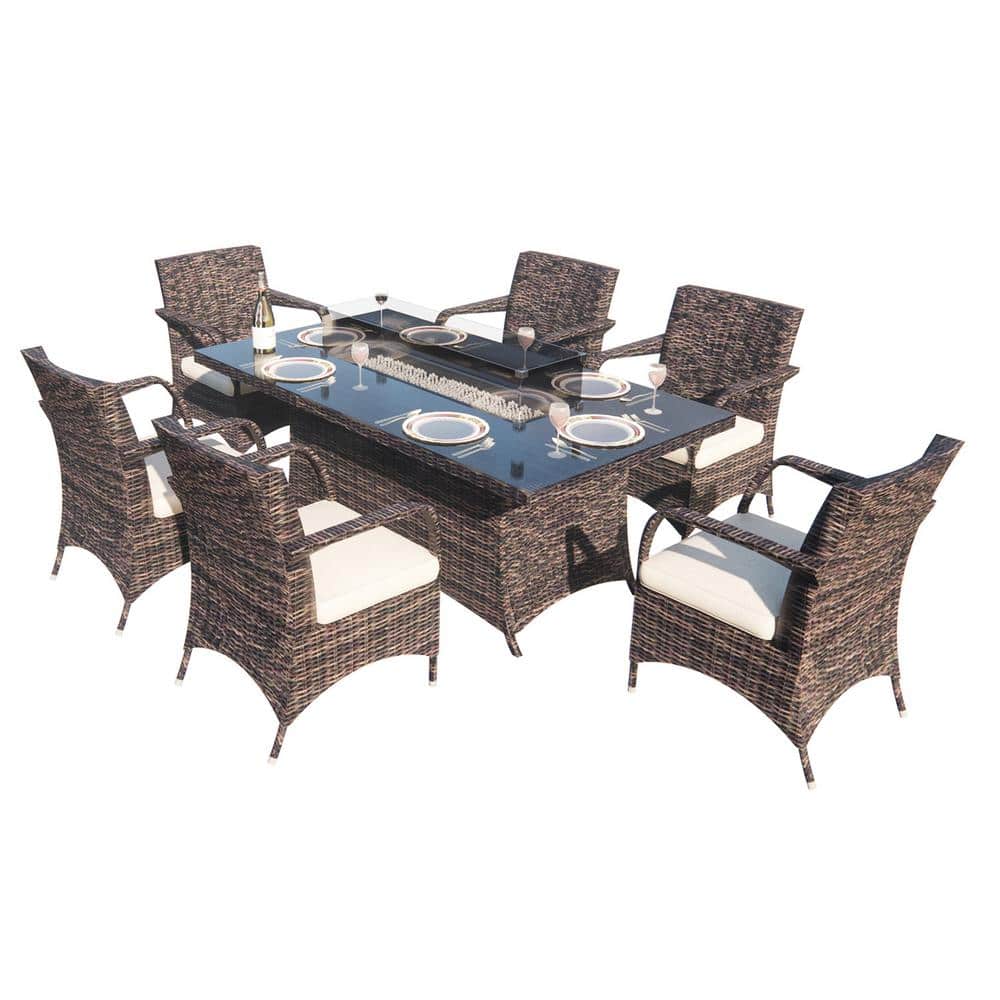 Jade Brown 7-Piece Wicker Rectangular Outdoor Gas Fire Pits Table Patio Conversation Set Beige Cushions price history on PriceWatchPro