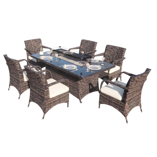 DIRECT WICKER Jade Brown 7-Piece Wicker Rectangular Outdoor Gas Fire Pits Table Patio Conversation Set Beige Cushions