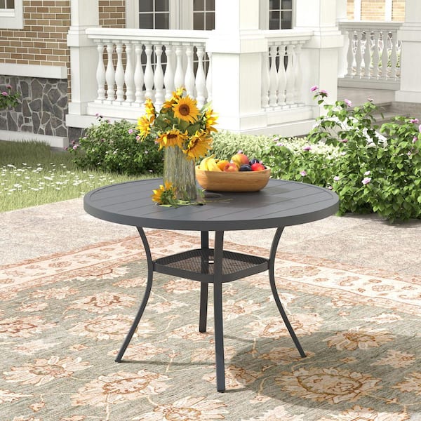 Dark Grey 42 in. Round All-Weather Metal Outdoor Dining Table for 4 with Umbrella Hole and Storage Shelf for Garden Deck