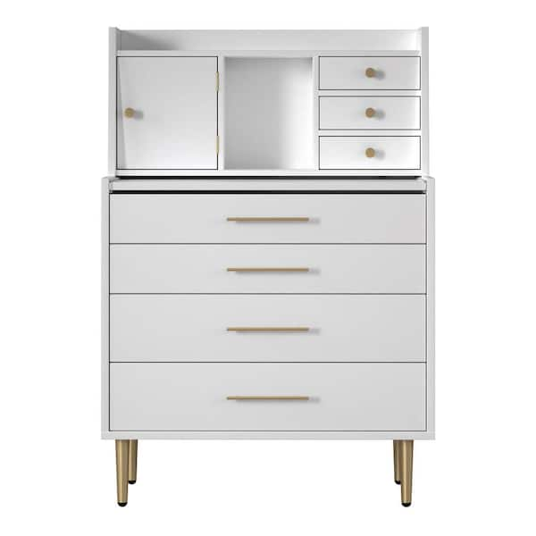 Unbranded 31.5 in. W x 16.9 in. D x 43.3 in. H White Linen Cabinet Vanity Makeup Table with Mirror and Retractable Table