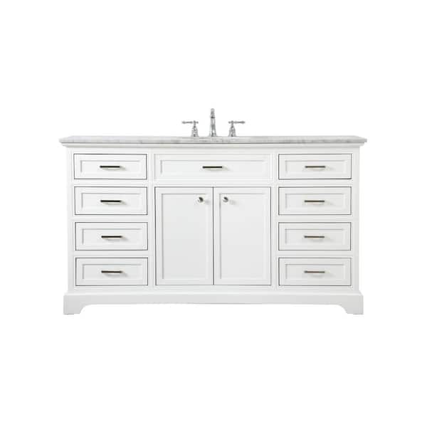 Unbranded Simply Living 60 in. W x 21.5 in. D x 35 in. H Bath Vanity in White with Carrara White Marble Top