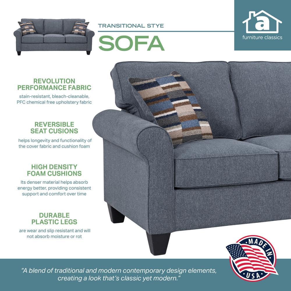 Blue Linen Rolled Arm Sofa with Removable Cushions