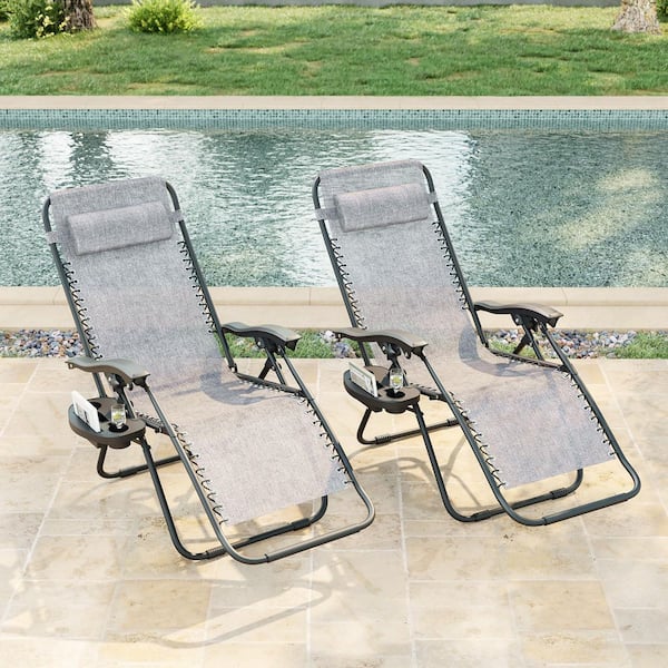 Folding Zero Gravity Metal Frame Recliner Outdoor Lounge Chair With Side Tray, Adjustable Headrest in Gray (2-pack）