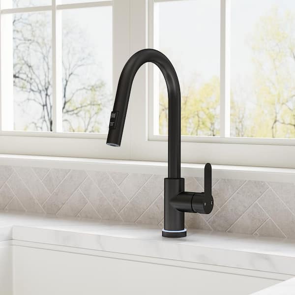 Pull Down Sprayer Kitchen Faucet 1.8 GPM with LED Light, 15.9" Height, 360° Swivel Spout Faucet in Matte Black