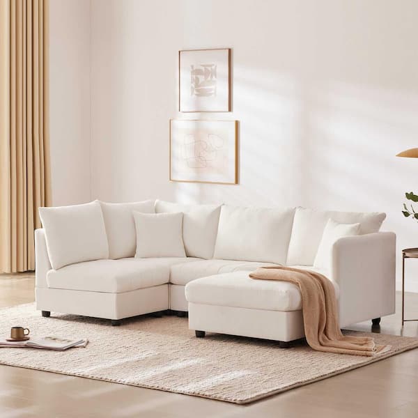 89 in. Square Arm Fabric L-Shaped Sofa with Vertical Stripes in White