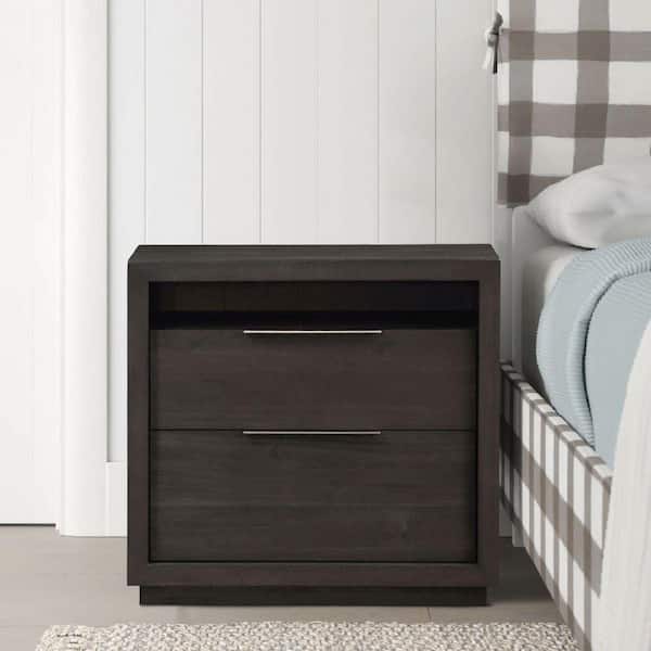 Benjara Gray Wooden Nightstand with Two Drawers and One Open Shelf 16 in. L x 32 in. W x 29 in. H