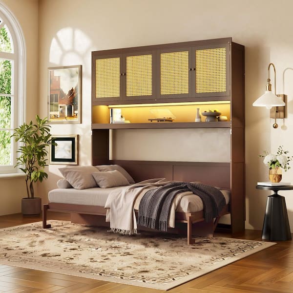 Espresso Brown Wood Frame Twin Murphy Bed with Desk, Open Shelf, Rattan-Style Cabinet, USB Charging Ports, LED Lighting
