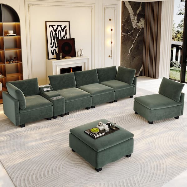 Rain 121.2 in. Chenille Modular Sectional Sofa in Green, with Ottoman, Hidden Storage, USB, Cup Holders, Bluetooth