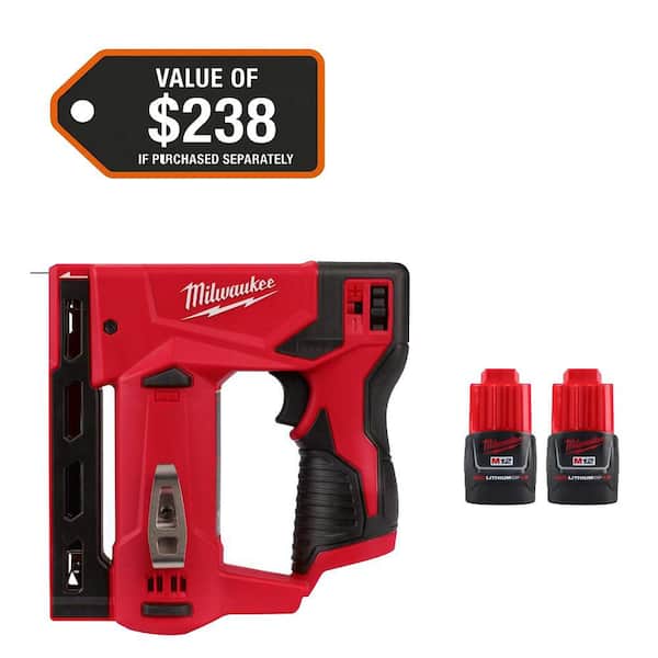 M12 12-Volt Lithium-Ion Cordless 3/8 in. Crown Stapler & M12 12-Volt 1.5 Ah Lithium-Ion Compact Battery 2-Pack