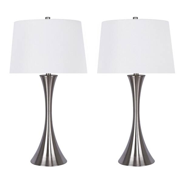 GRANDVIEW GALLERY 29 in. Brushed Nickel Table Lamps with Hourglass Body Design and White Textured Linen Shades (2-Pack)