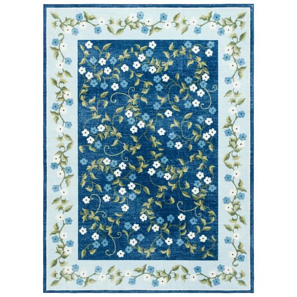 SAFAVIEH Martha Stewart Washable Dark Blue/Light Blue 5 ft. x 8 ft. Machine Washable Floral Border Abstract Area Rug
