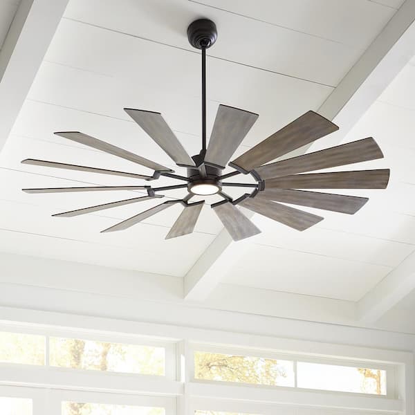 Prairie 72 in. LED Indoor/Outdoor Aged Pewter Ceiling Fan with Light Grey Weathered Oak Blades, Light Kit and Remote