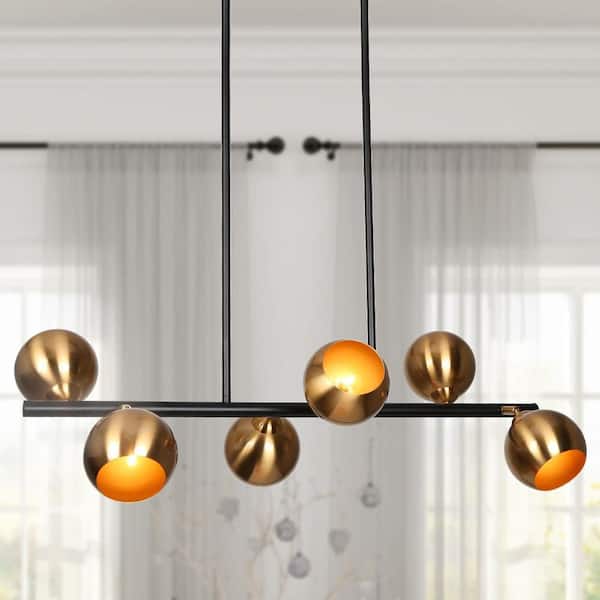 Zevni Modern 6-Light Brass-Plated/Black Chandelier, Globe Pendant Light for Dining Room, Mid-Century Linear Pendant Lighting
