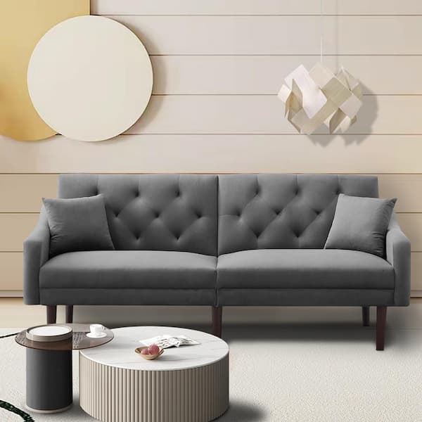 72.8 in. Gray Velvet Futon Sofa Sleeper with 2-Pillows