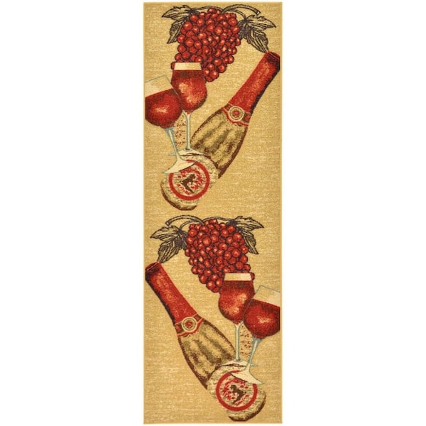 Ottomanson Siesta Kitchen Collection Non-Slip Rubberback Wine 2x5 Kitchen Rug, 1 ft. 8 in. x 4 ft. 11 in., Beige/Red Wine