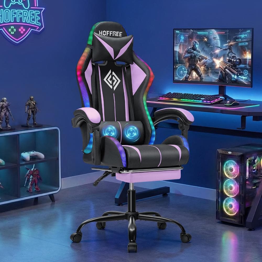 Faux Leather Massage Reclining Ergonomic Gaming Chair in Purple/Black with LED Lights Adjustable Arms