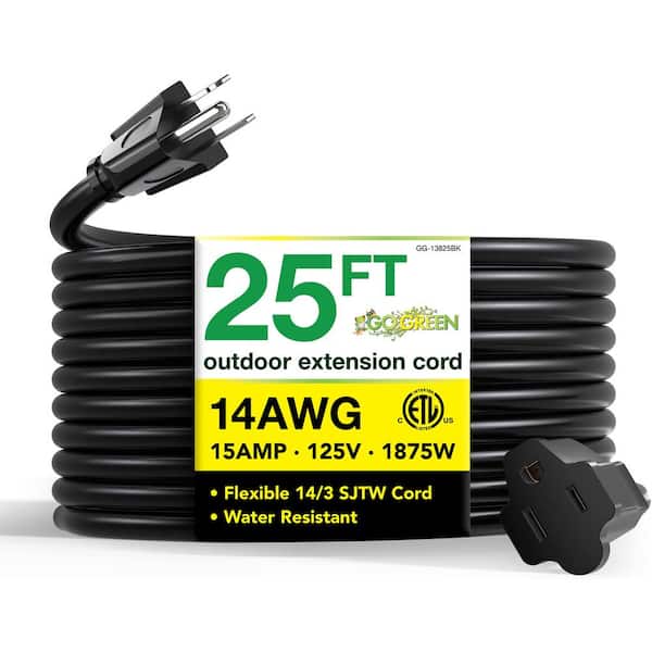 GoGreen Power 25 ft. 14/3 SJTW Outdoor Extension Cord, Black