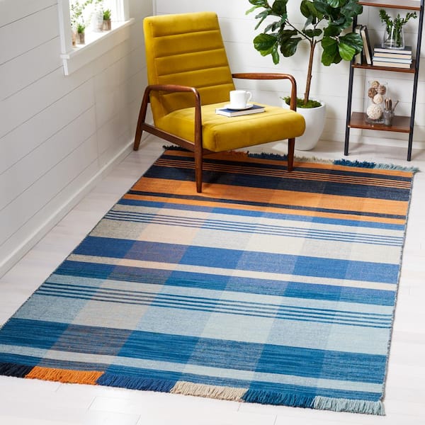 Striped Kilim Orange Blue Doormat 3 ft. x 5 ft. Plaid Striped Area Rug