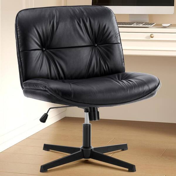 PU Leather Tilt Wide Seat Ergonomic Task Chair in Black with Armless, Criss Cross Legged and No Wheels